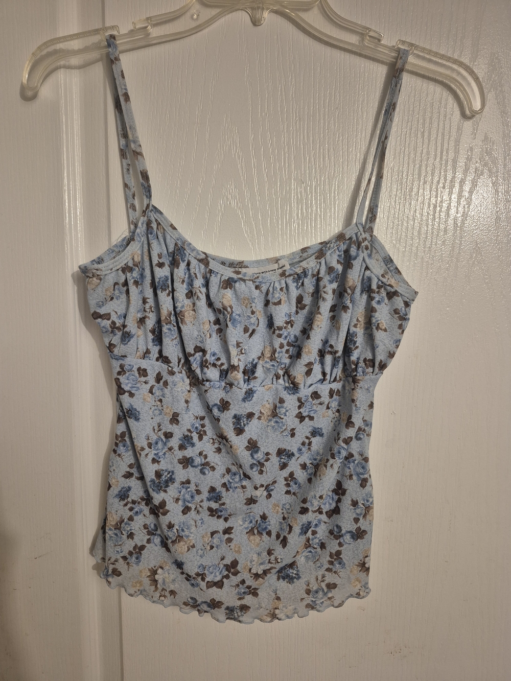 Self Esteem Light Blue Floral Spaghetti Strap Cami with Ruffle Detail